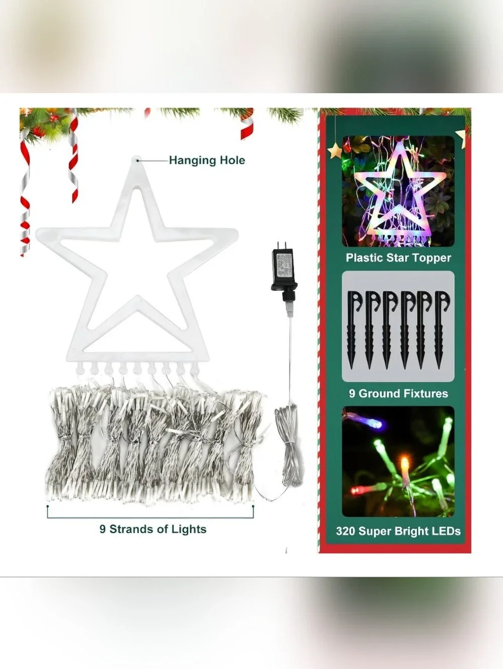 Outdoor Christmas Decorations, 320 LED Waterfall String Lights, 8 Light Modes